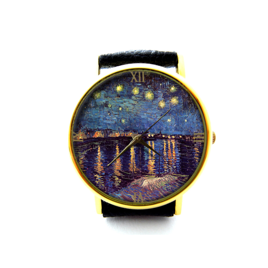 starry Night Over The Rhone Leather Watch, Van Gogh Art Jewelry Night Sky Unisex Jewelry, Art Watch