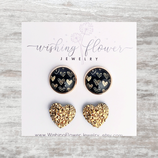 Heart Stud Earring Set/Black & Gold Earrings Gift For Her Of 2