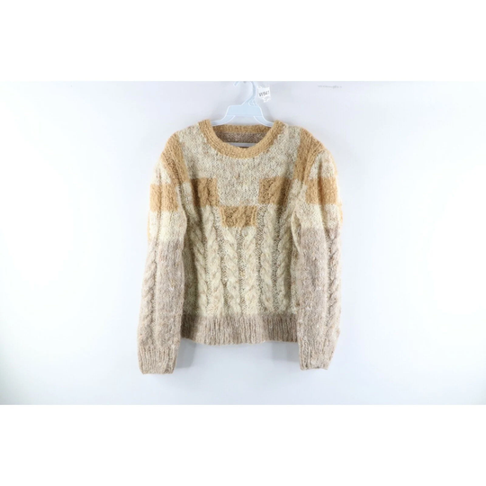 70S Rockabilly Womens Medium Wool Blend Cable Knit Checkered Sweater Tan, Sweater