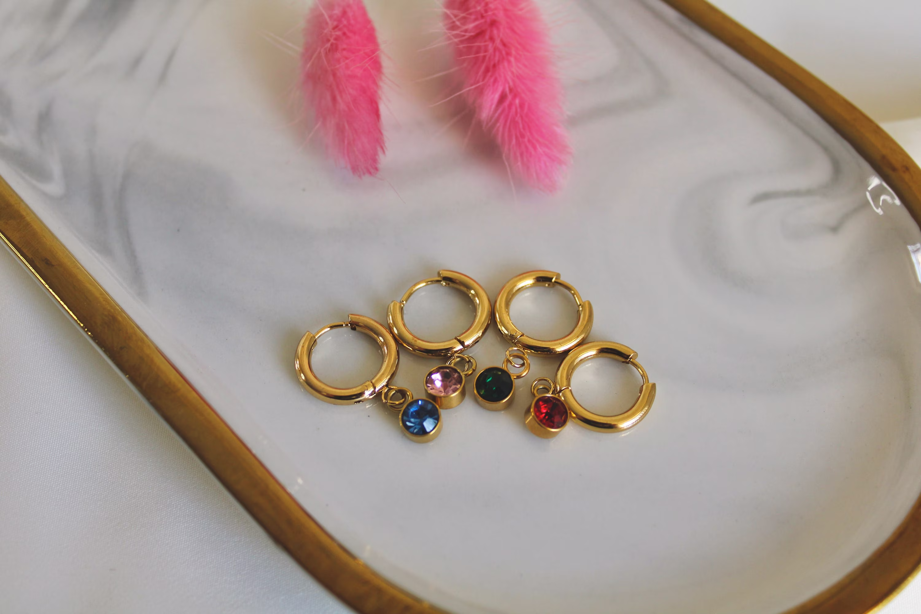 18K Gold Birthstone Earrings, August Hoop Birthday Gift For Her, Colorful Zircon Stone Waterproof