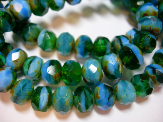 25 8x6mm Blue Lagoon Green Blend Czech Fire Polished Picasso Rondelle Beads