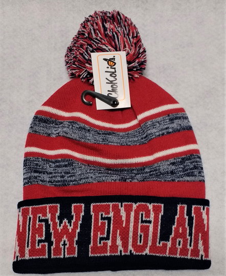 New England Blue/Red/White Blended Tri Color Pom Beanie. Adult One Size Will Easily Stretch To Fit Most All Great Quality Warm