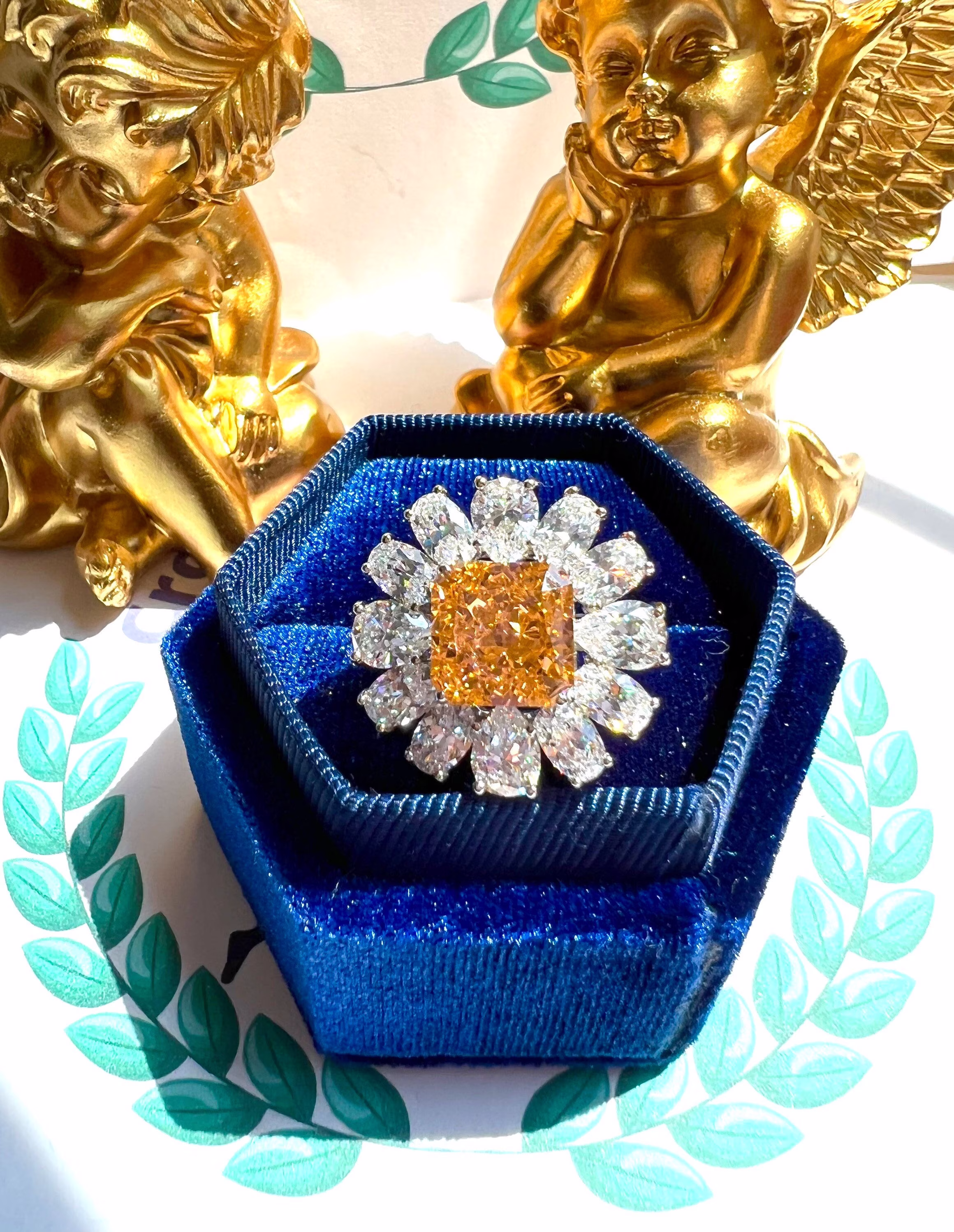Padparadscha Jumbo Pinky Orange Sunflower Halo Ring, Exquisite Art Deco Floral Style, Lovely Ring Beautiful Unique S925