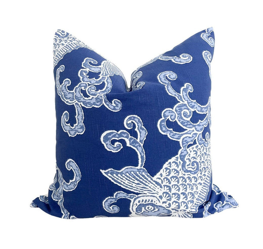 Pisces Aegean Koi Fish Pillow Cover in Navy Blue & White Cream, Chinoiserie, Grandmillenial Decorative Accent Throw