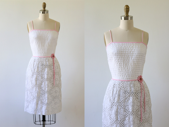 Gay Gibson White Crochet 1960S Dress With Pink Accents Size Small S