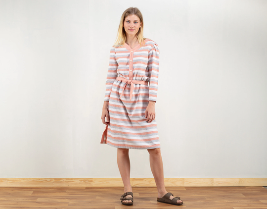 Women Mod Dress Vintage 70S Striped Long Sleeve Wool Blend Sundress Tie Waist Modest Dress Boho Wear Gift Idea Women Clothing Size Small