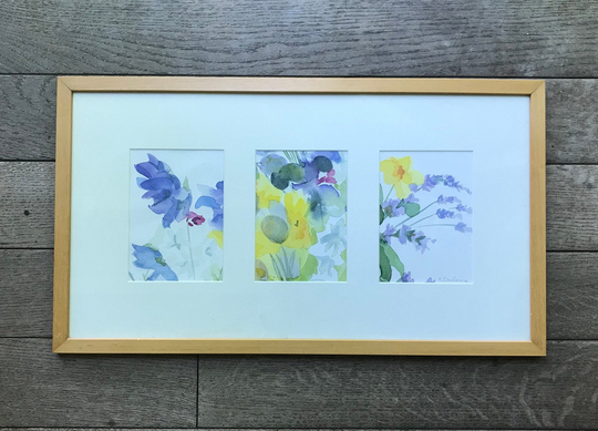3 Watercolours Framed Together, Yellow & Blue Flowers Signed F.declercq