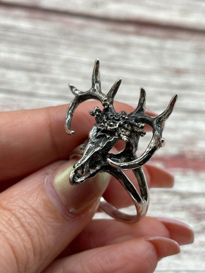 Awesome Sterling Silver Unisex Longhorn Deer With Flowers Stag Skull Head Horns Ring Layaway Available