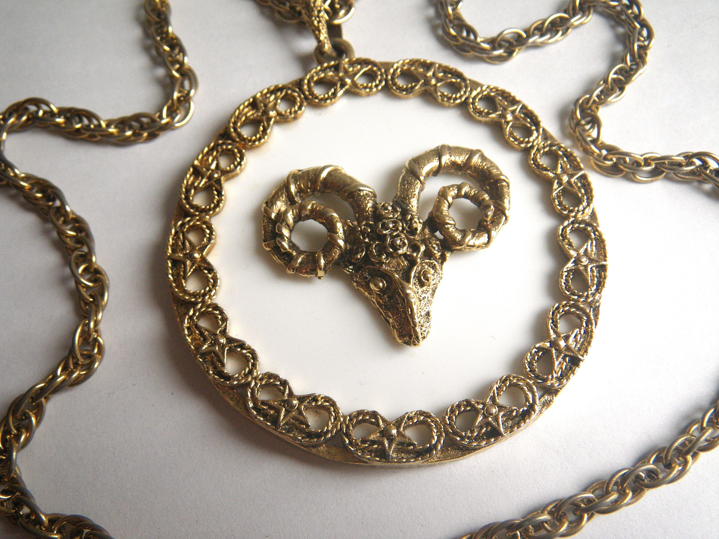 1970S Aries Zodiac Necklace, Large Astrology Pendant, Gold & White, March 20 To April 21 Birthday, Groovy Costume Jewelry