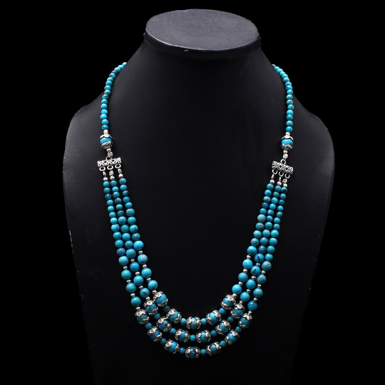 Long Multi Layer Turquoise Round Bead Necklace, 4mm To 7.5mm Blue Natural Gemstone Beaded 23"Inch Designer Gift For Her