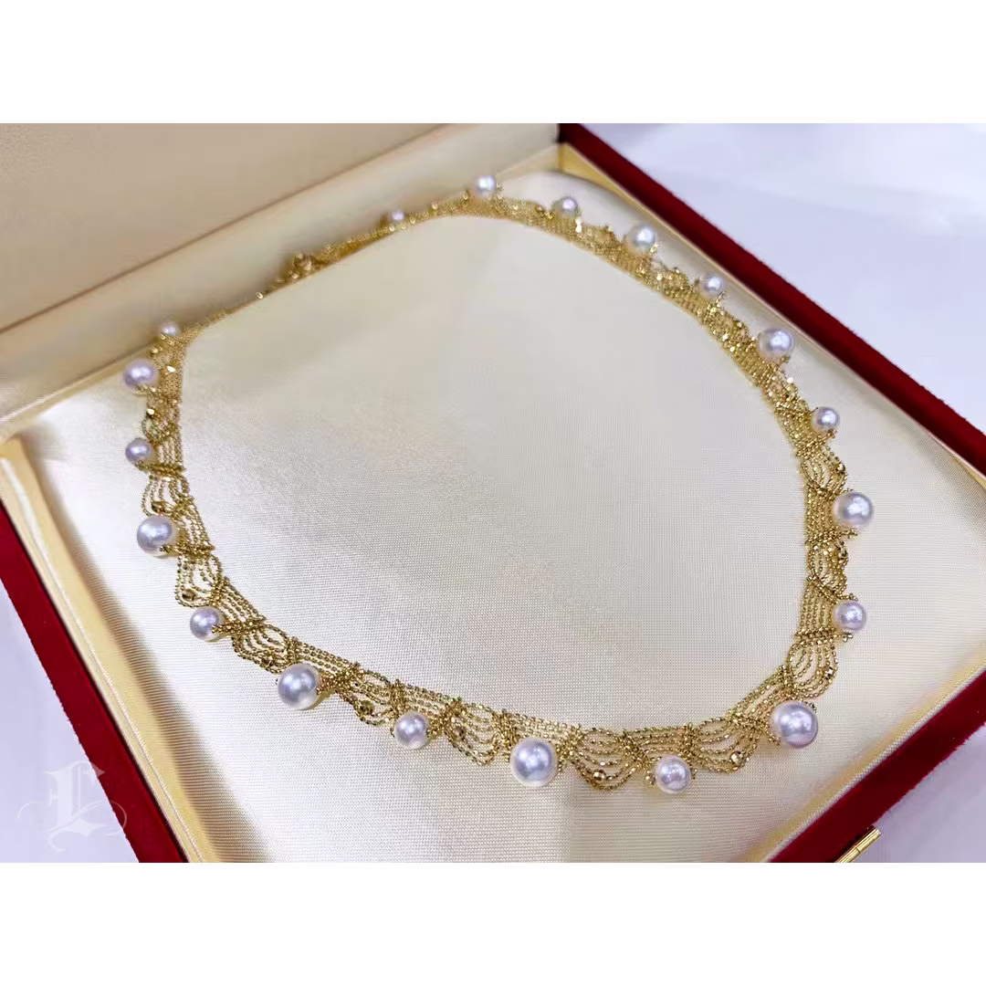 45cm, Aaa 5.5-8mm Akoya Pearl Lace Necklace 18K Gold
