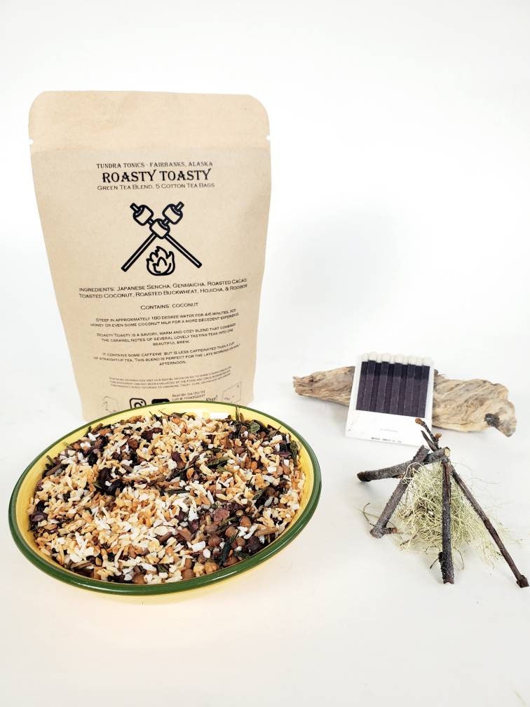 Roasted Tea, Loose Leaf Herbal Blend. Cacao, Rooibos, Buckwheat, Hojicha, Coconut, Sencha, & Genmaicha