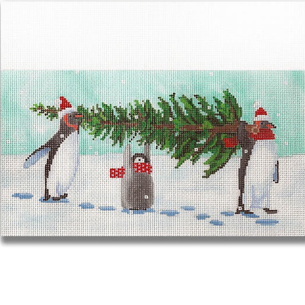 Needlepoint Handpainted Christmas Stocking Cuff Cbk Peguins Bringing Tree 9x7 -Free Us Shipping