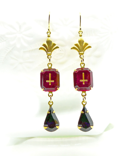 Luciferian Drops // Stunning 1950S Red Glass Inverted Cross Gem Earrings with Jet Swarovski Crystal Gothic Goth Pagan Occult Witchy Witchcraft
