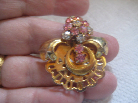 Vintage Pin Pendant Watch Fob in Gold Plate With Rose & Crystal Rhinestones