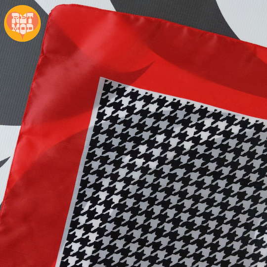 Classic Vintage 70S Red Bordered Square All-Weather Scarf With Black & White Houndstooth Center