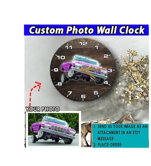 Lowrider Car Personalized Photo Wooden Wall Clock, Gifts For Guys, Classic Car, Vintage Hot Rods, Muscle Sport Chevy