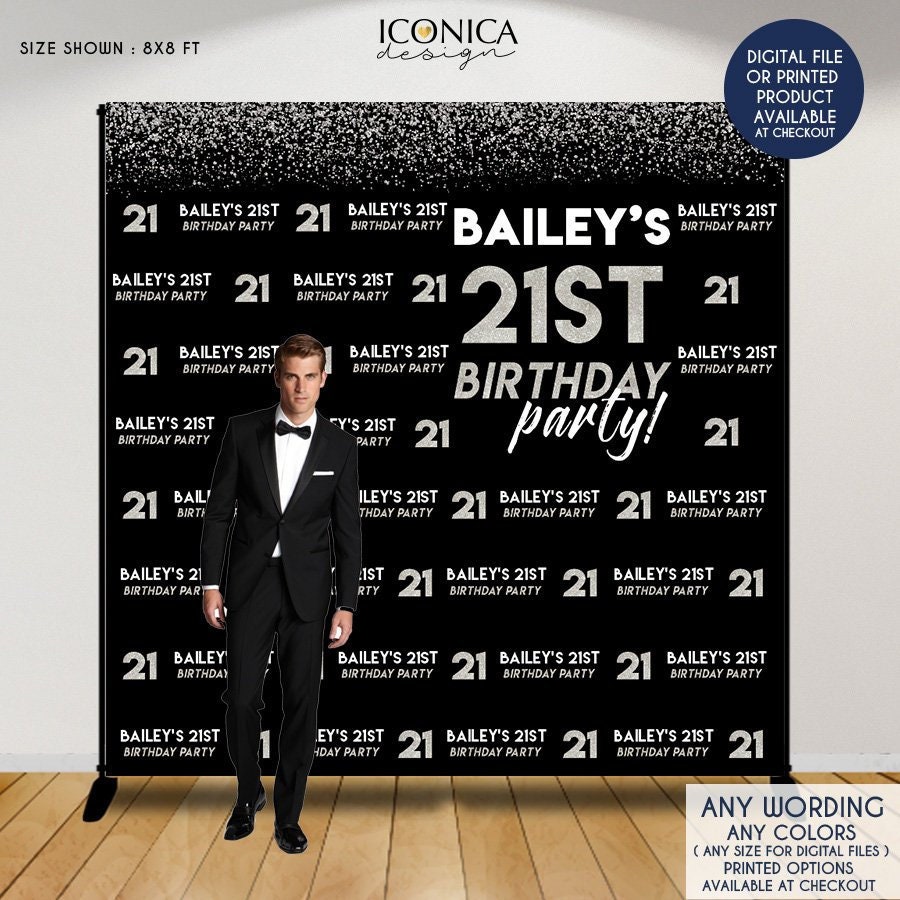 Birthday Photo Booth Backdrop, 21Th Party Decor, Black & Silver Backdrop, Any Age Or Color, Printed Printable File Bbd0143