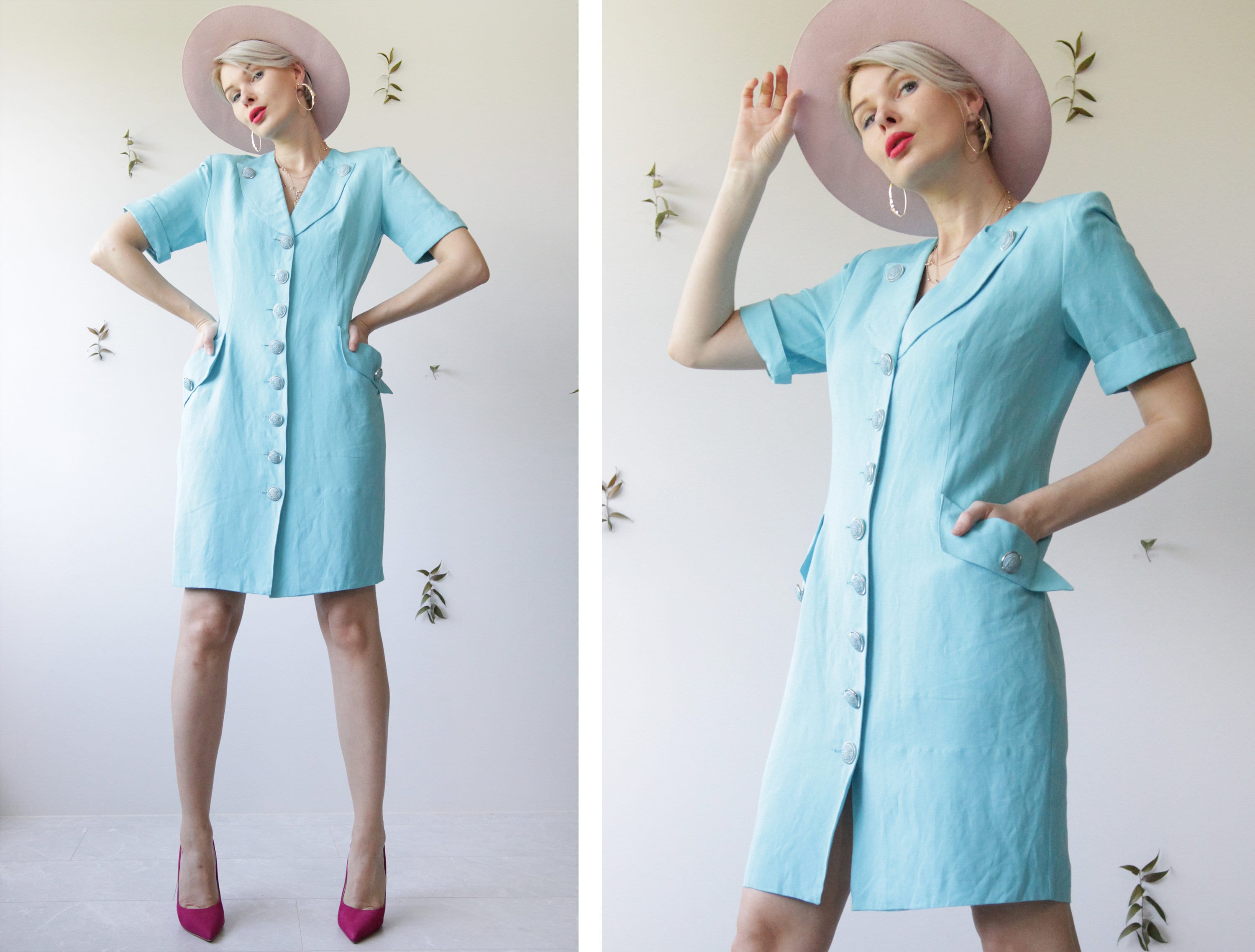 French Vintage Sky Blue Linen Blend Medusa Button Blazer Midi Dress S