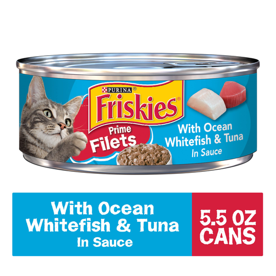 Purina Friskies Wet Cat Food Can - Prime Filets With Ocean Whitefish & Tuna in Sauce, 5.5 oz