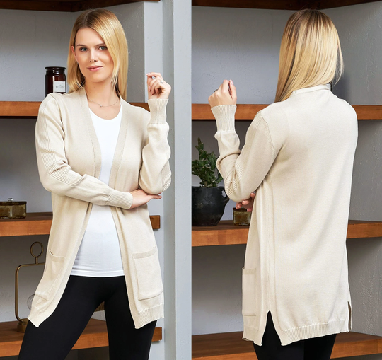 Beige Cardigan With Long Sleeves, Pockets, Soft Cotton Blend Cardigan, Stylish Mothers Day Gift, Gift For Her