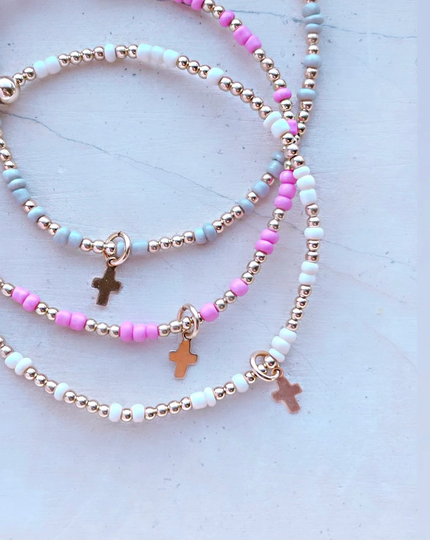 Graceful Seed Bead & Gold Filled Cross Beaded Bracelet | Personalized Name Custom Word
