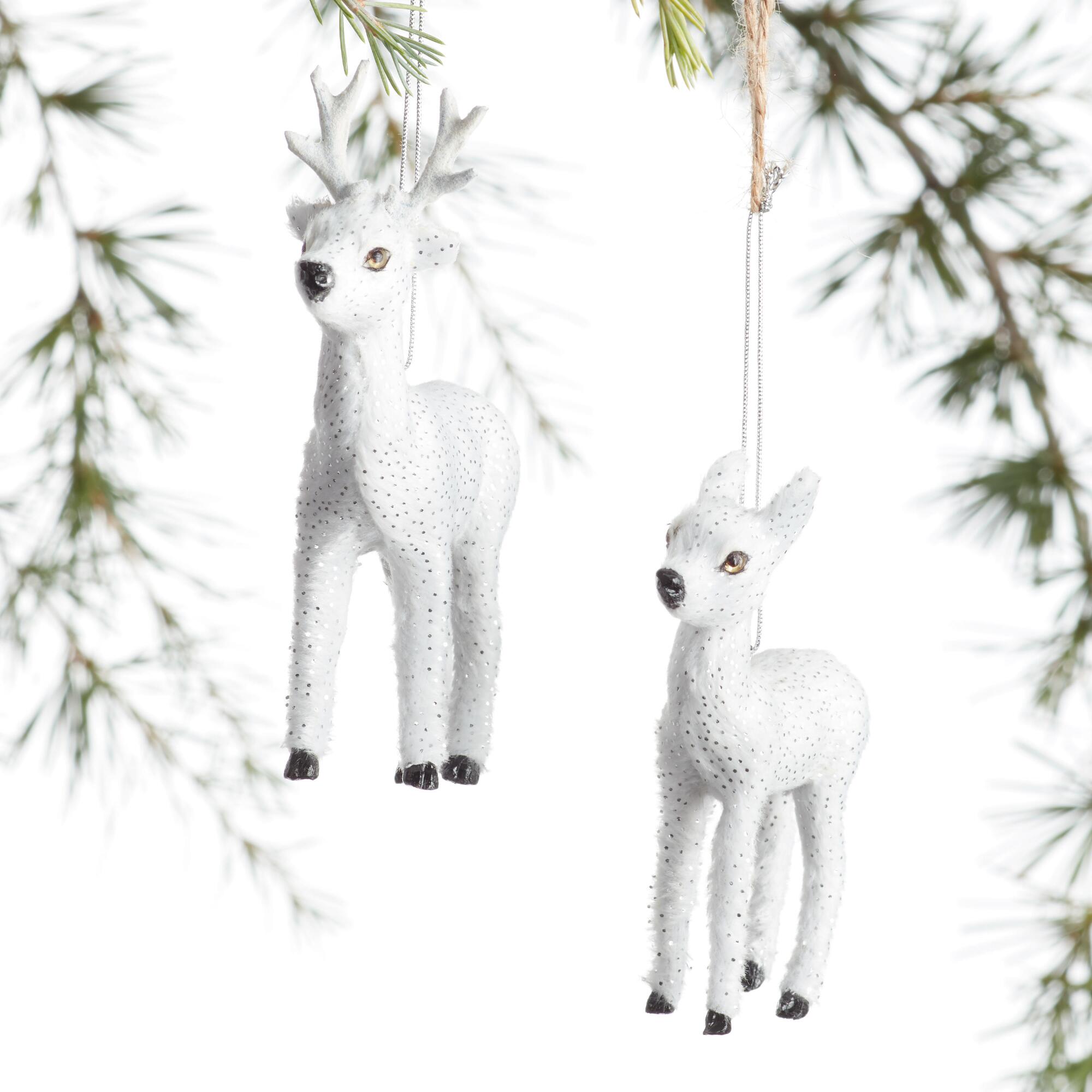Silver Speckled White Deer Ornaments Set Of 2 - Fabric by World Market