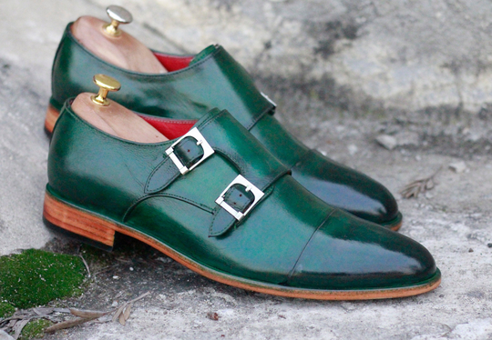 Handmade Men's Green Shoes, Buckle Leather Designer Two Tone Shoes