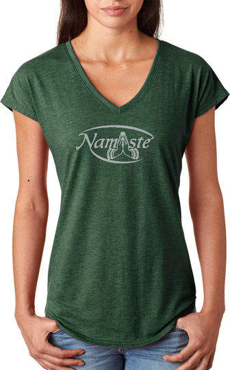 Namaste Big Print Ladies Yoga Tri Blend V-Neck Tee Shirt = Namaste-6750Vl