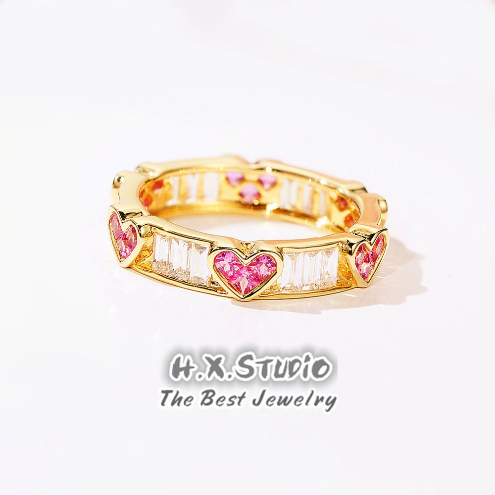 Hx Jewelry | 1.50Ctw Diamond Pink Sapphire Eternity Ring in 18K Gold/Forever Love Heart Ring/stackable Ring/Custom Fine Jewelry/Gift For Her