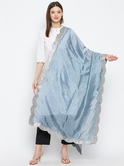 Women's Silk Blend Grey & Silver-Toned Embroidered Dupatta With Sequinned Free Shipping