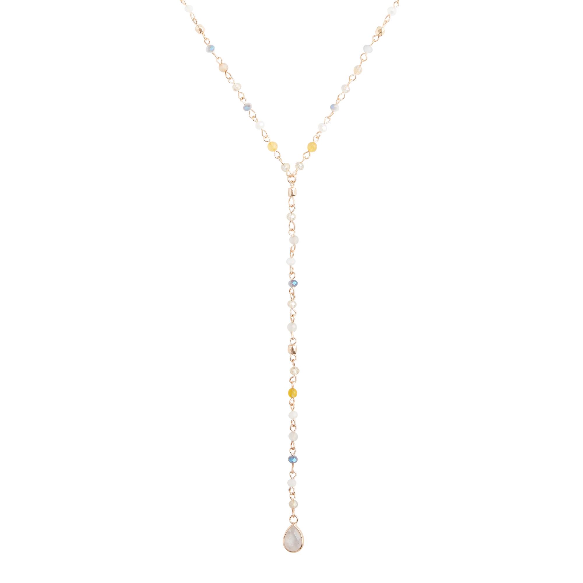 Gold Semiprecious Rose Quartz Beaded Lariat Necklace by World Market
