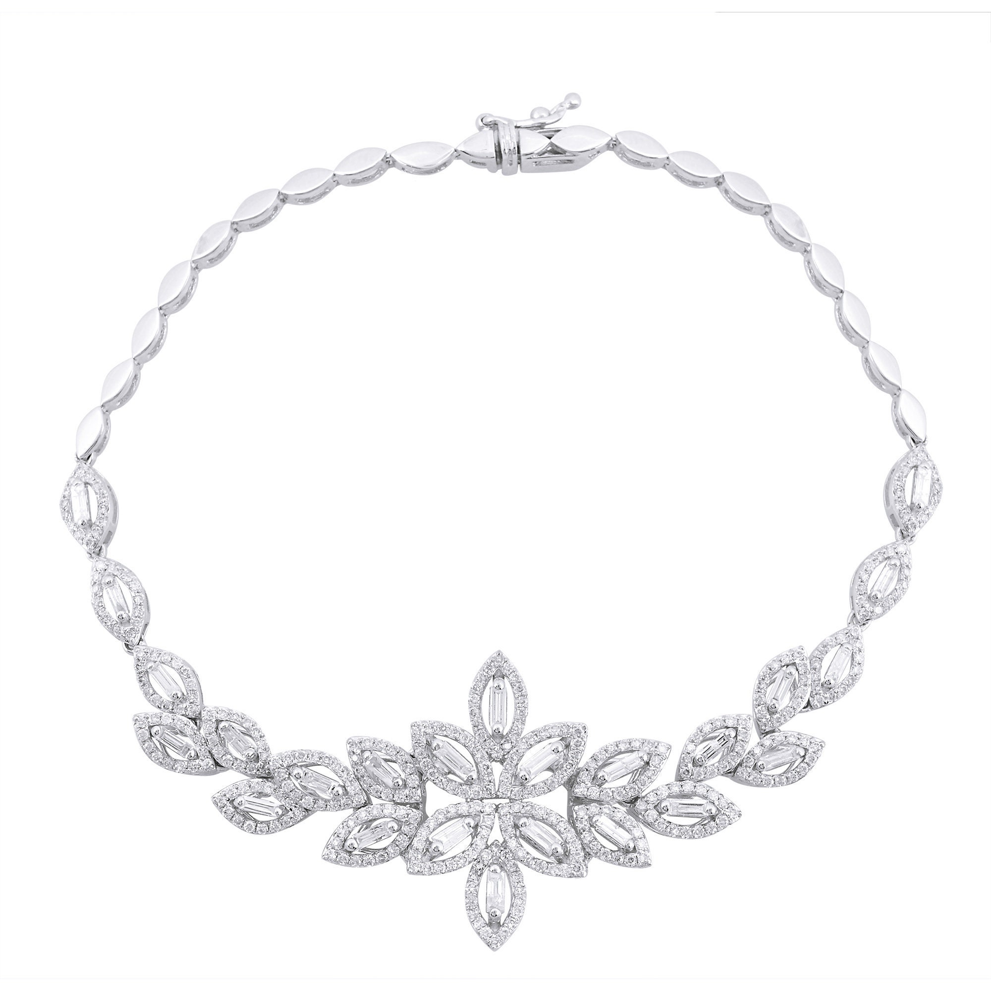 Baguette Diamond Leaf Design Charm Bracelet Solid 14K White Gold 2.00 Ct Natural Hi/Si Clarity Diamond Handmade Jewelry Mother's Day Gift