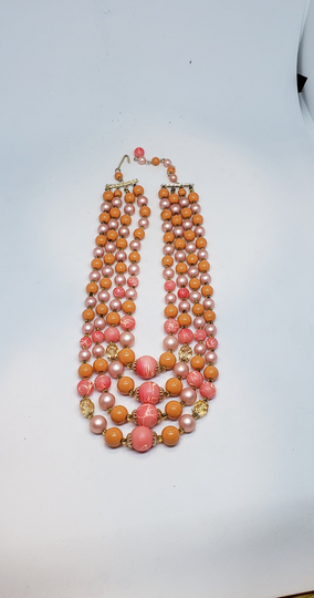 Unique & Mod 60's 4 Strand Necklace Fab/Combo Of Pinks & Tangerine Beads