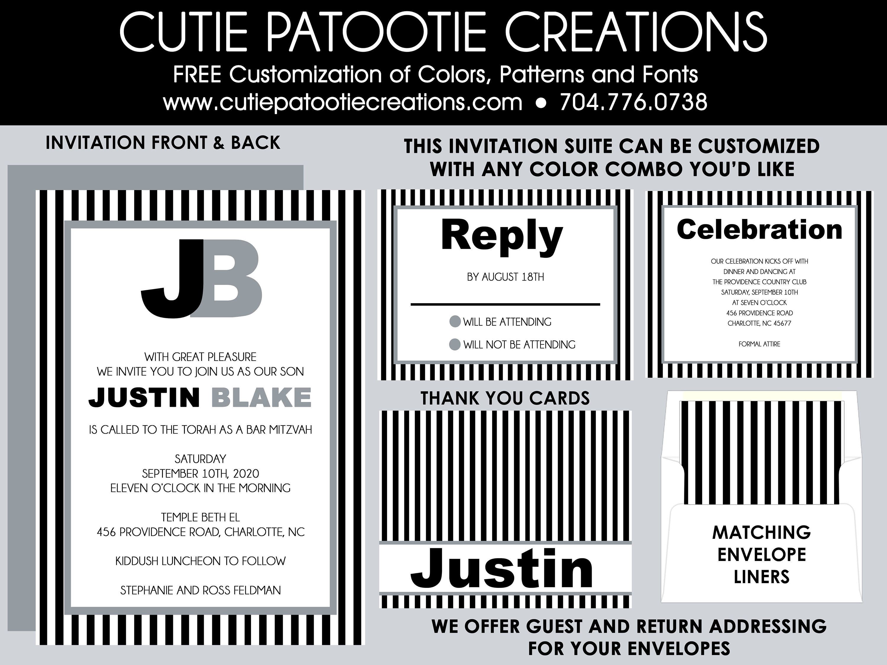 Bar Mitzvah Invitations - Black White Grey Envelope Addressing Reply Card Save The Date Thank You Notes Custom Colors Available