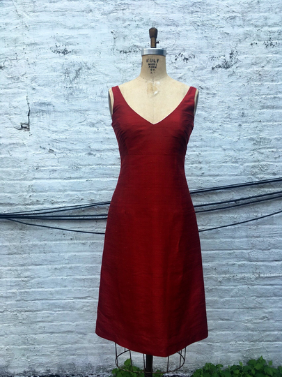 Ruby Red Silk Shantung V Neck A Line Cocktail Dress