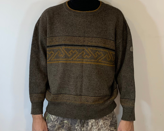 Vintage 80's Wool Blend Olive Green Mustard Abstract Pattern Knitted Oversized Sweater Pullover Jumper Size M Men