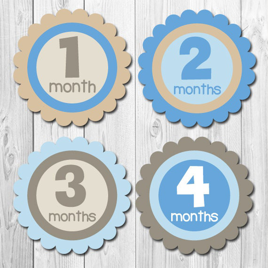 Boy Monthly Stickers, Baby Month Bodysuit Photo Milestone Blue & Brown, Stickers