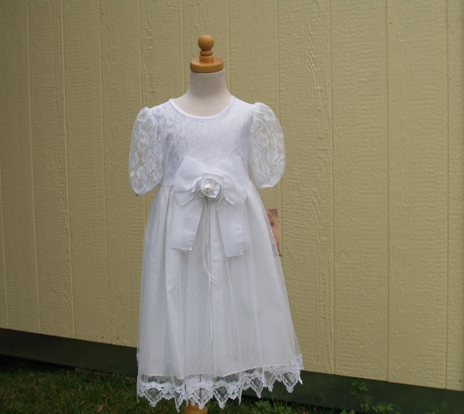 Girls Communion T-Length Lace Dress, Flower Girl Us Size 6 White Dress, Lace Christening Blessing Day Wear, Retro Look Dress Size