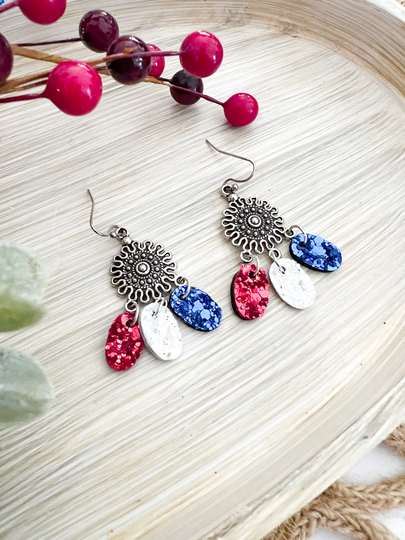 Glitter Red White & Blue Chandelier Earrings | Genuine Leather Patriotic 4Th Of July #1236