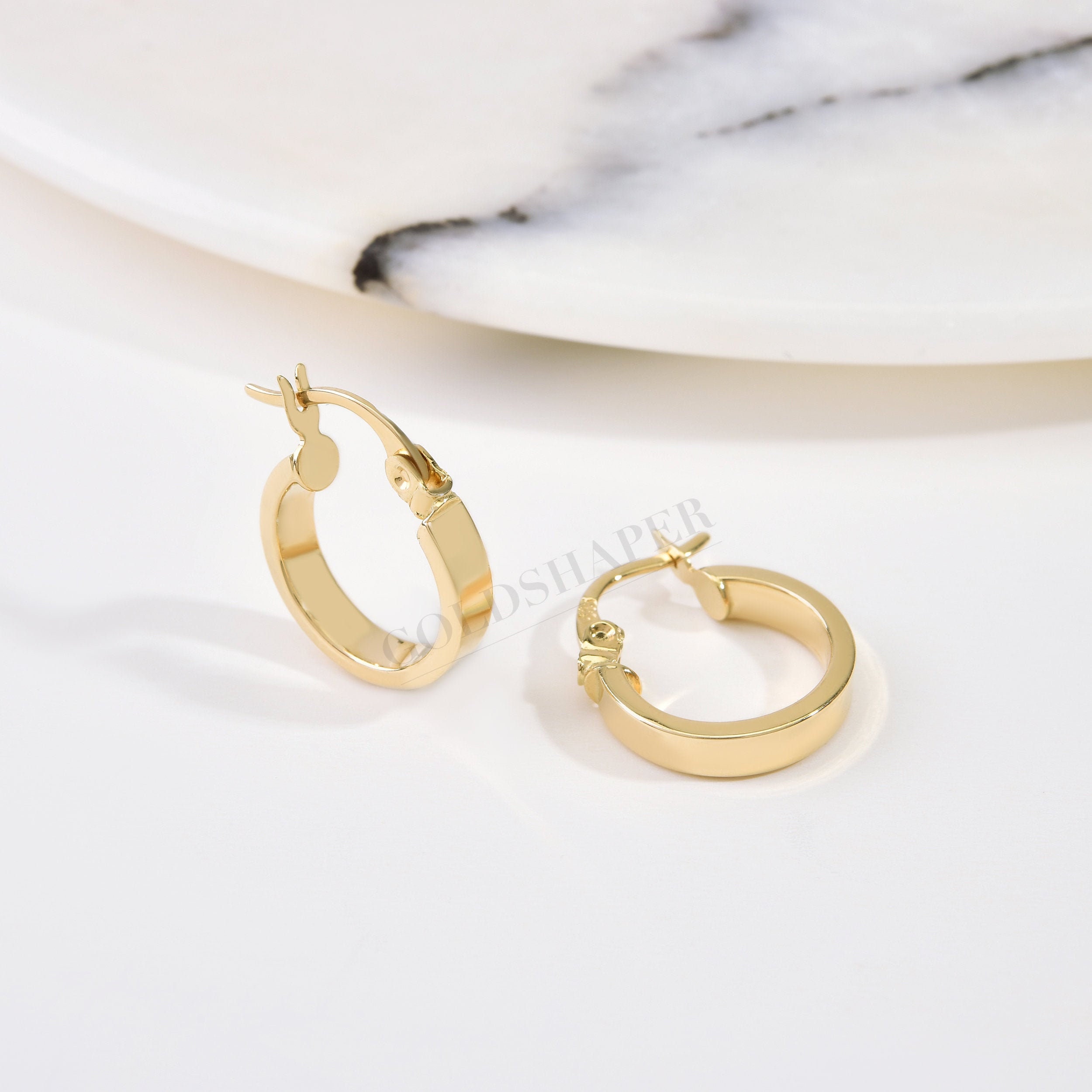 Hoops Flat Earrings, 14K Gold 15 Mm Lightweight Hoops, Clasp Everyday Holiday Gift, Gift For Her, Holiday, Gift