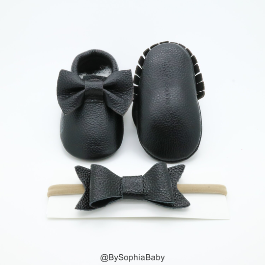 Baby Moccasins, Black Bow Leather Shoes, Genuine Moccs, Toddler Shower Gift