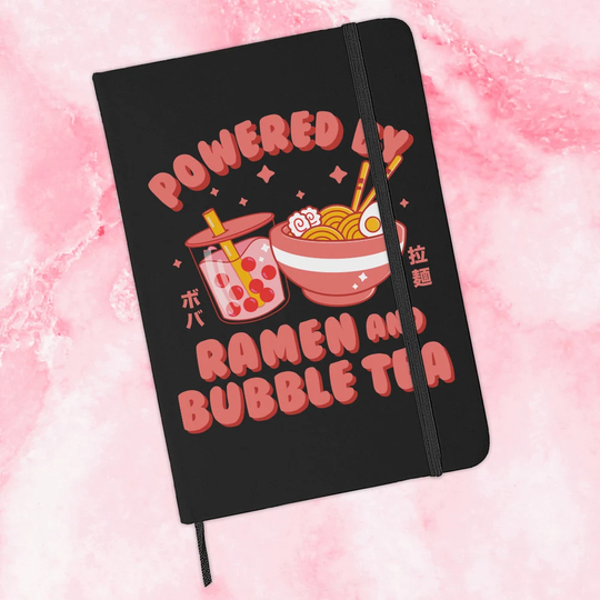 Powered By Ramen & Bubble Tea Journal, Cute Lined Notebook, Japanese Cartoon Style Gift For Friend