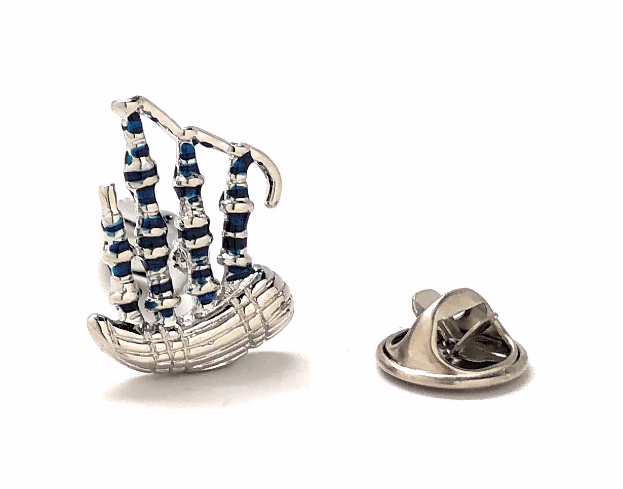 Bagpipes Pin Silver With Blue Enamel Scottish Lapel Music Tie Tack