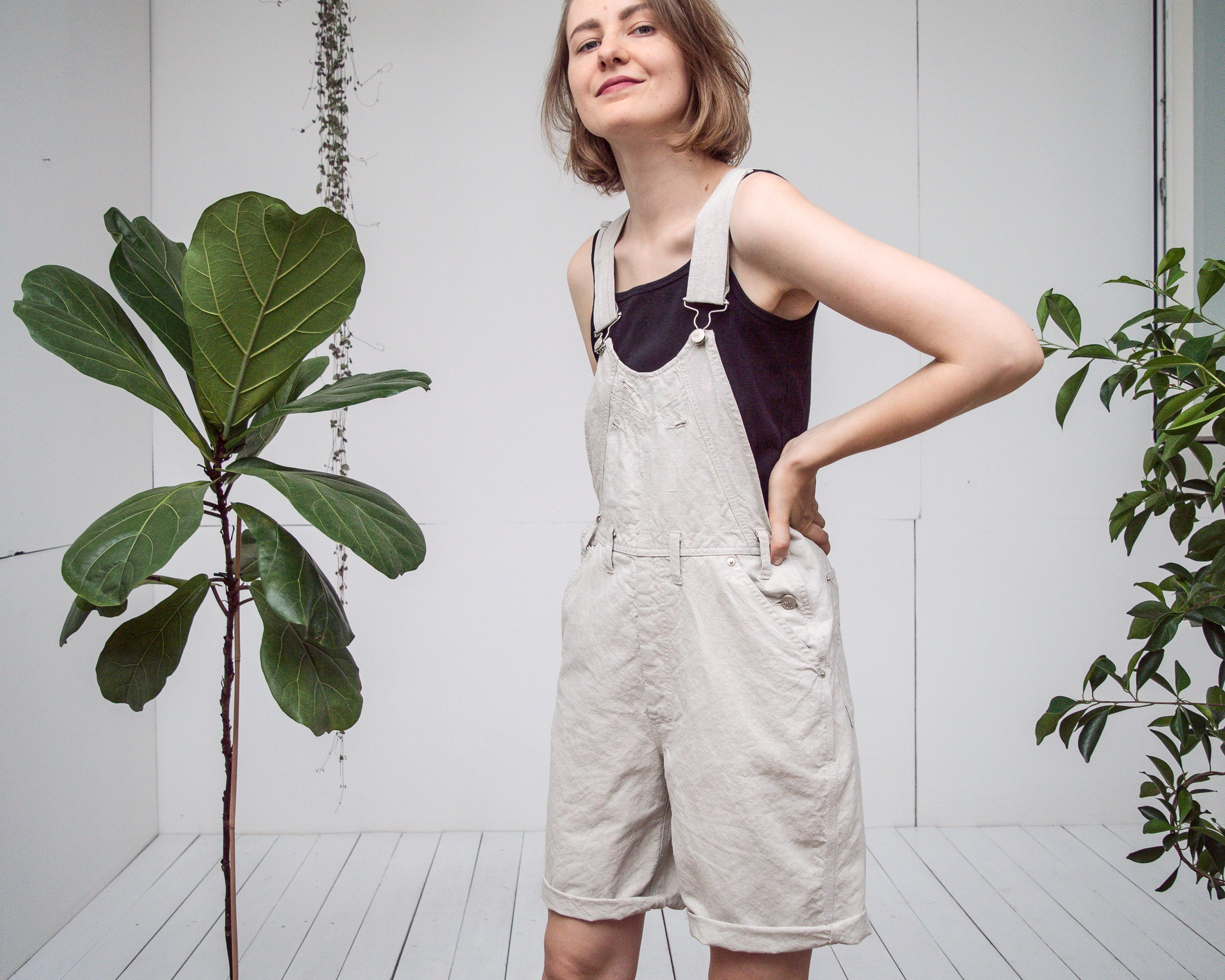 Vintage Linen Blend Short Overall Small Size 90S Minimalist Beige Dungarees By Esprit