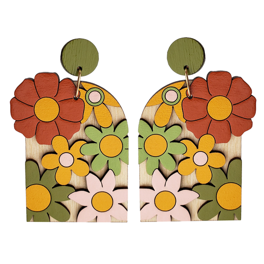 Burnt Orange Floral 70S Arch Earrings, Hand Painted Lightweight Wood Dangles, Hypoallergenic