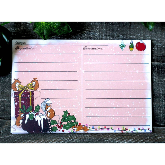 Set Of 5 Christmas Cooking Mice 4x6 Illustrated Recipe Cards; Vintage Inspired Cards Kitchen Food; Hand Drawing; Painting Gift