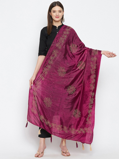 Women's Silk Blend Burgundy & Gold-Toned Floral Embroidered Dupatta Sequinned, Embellished Border Free Shipping