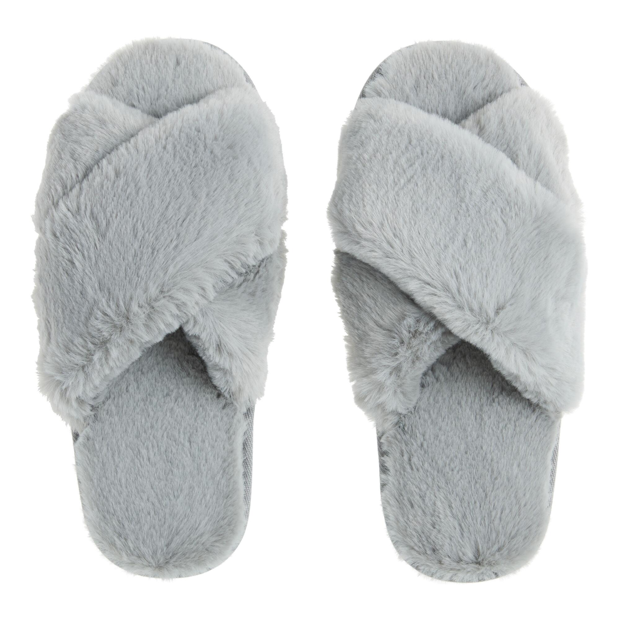 Gray Faux Fur Crossover Slippers - Polyester by World Market