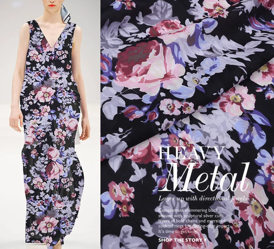 Floral Print Black Silk Cotton Blend Fabric Width 54 Inch